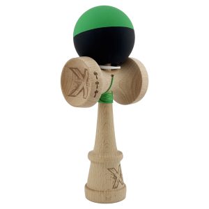 Kendama X Originala, Profesionala, Flippy, Cupe Mari KING SIZE V3, Rubber Grip, Gaura in Baza, Rulment Metalic, din lemn 18 cm, Ata 62/65 cm, Bicolor Verde/Negru
