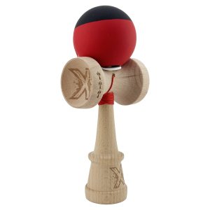 Kendama X Originala, Profesionala, Flippy, Cupe Mari KING SIZE V3, Rubber Grip, Gaura in Baza, Rulment Metalic, din lemn 18 cm, Ata 62/65 cm, Bicolor Negru/Rosu