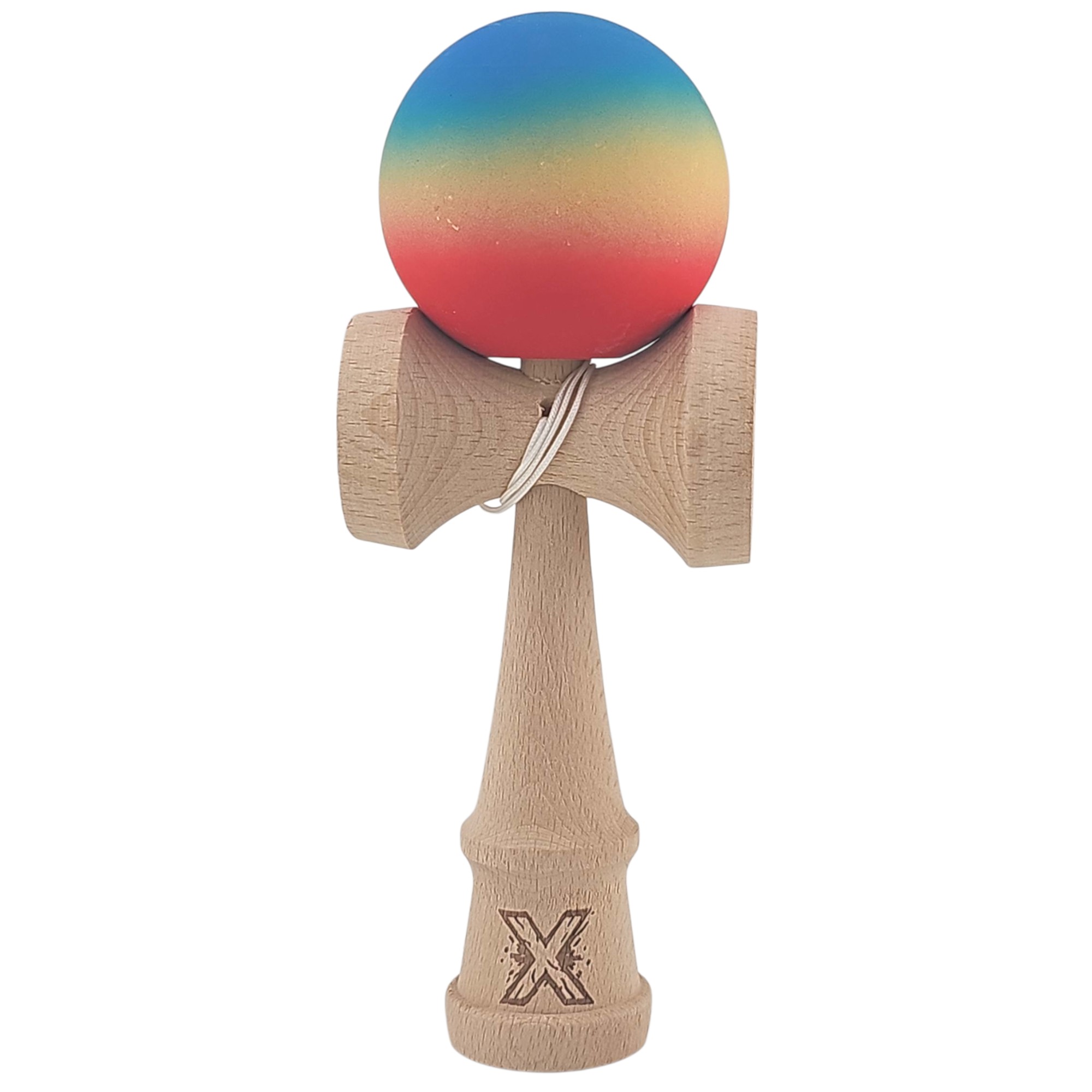 Kendama X Originala, Profesionala, Flippy, din Lemn, Rubber Grip, 18 cm, Rosu/Galben/Albastru