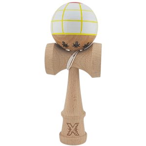 Kendama X Originala, Profesionala, Flippy, din Lemn, Super Sticky, 18 cm, Alb/Galben/Rosu