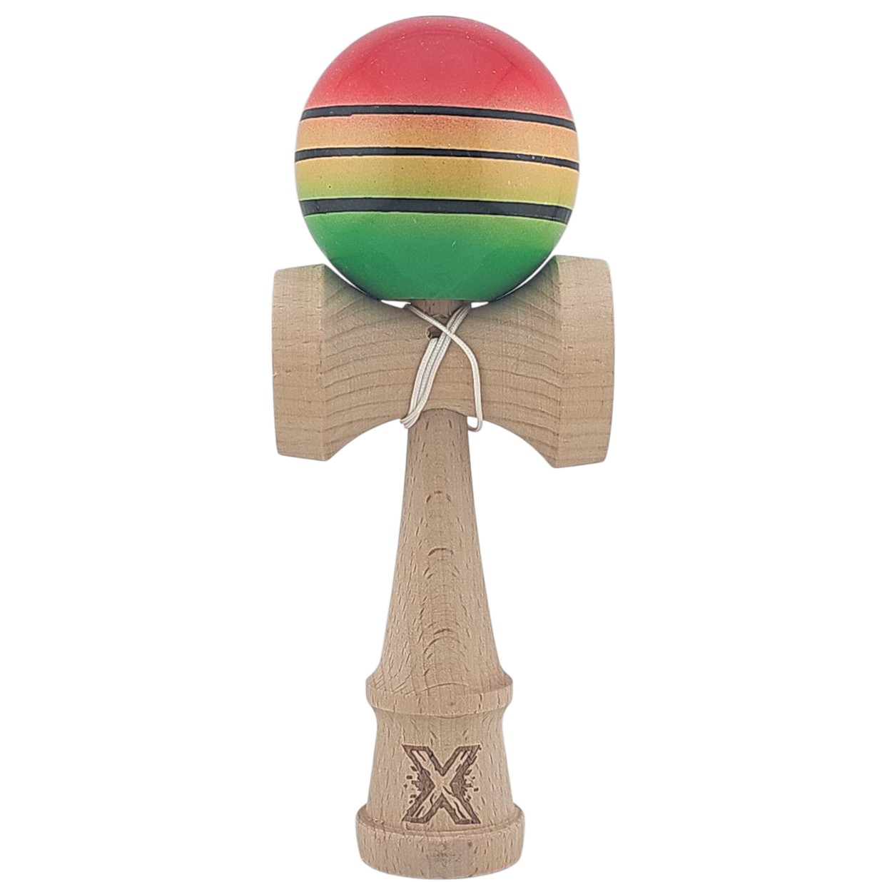 Kendama X Originala, Profesionala, Flippy, Super Sticky, din Lemn, 18 cm, Gradient Rosu/Galben/Verde