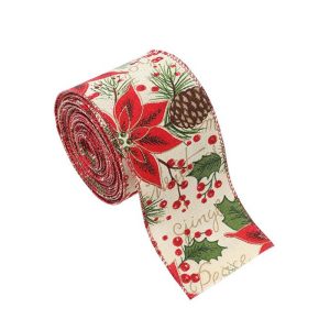 Panglica Decorativa pentru Craciun, Flippy, Ornament pentru Brad de Craciun, Pretreceri, Panglica cu Design Conuri si Floare Rosie, 200 x 6.3 cm, Khaki 