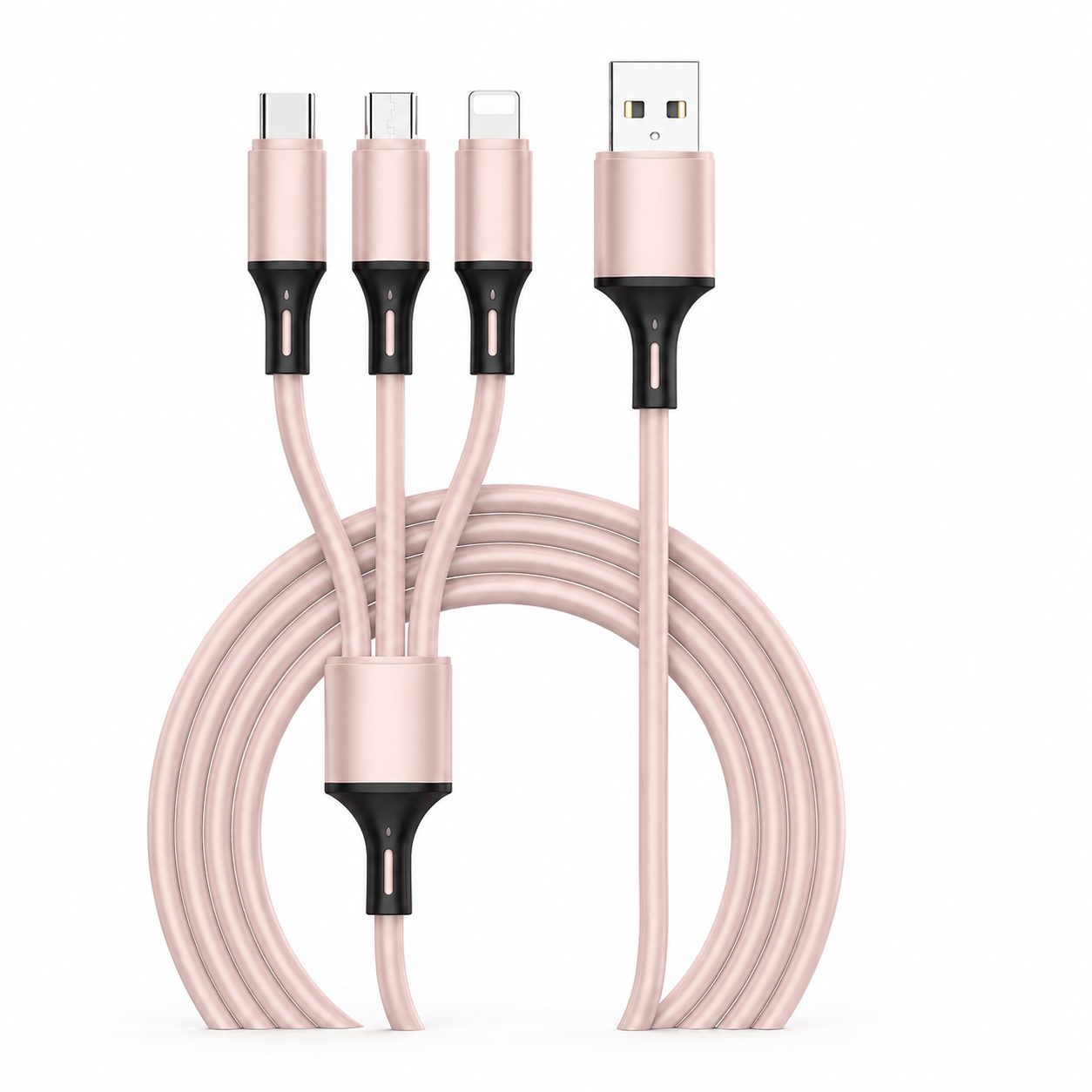 Cablu de Date si Incarcare 3 in 1, Flippy, 3A, Silicon Lichid, Type-C, Lightning, Micro USB, 1.2 m, Crem