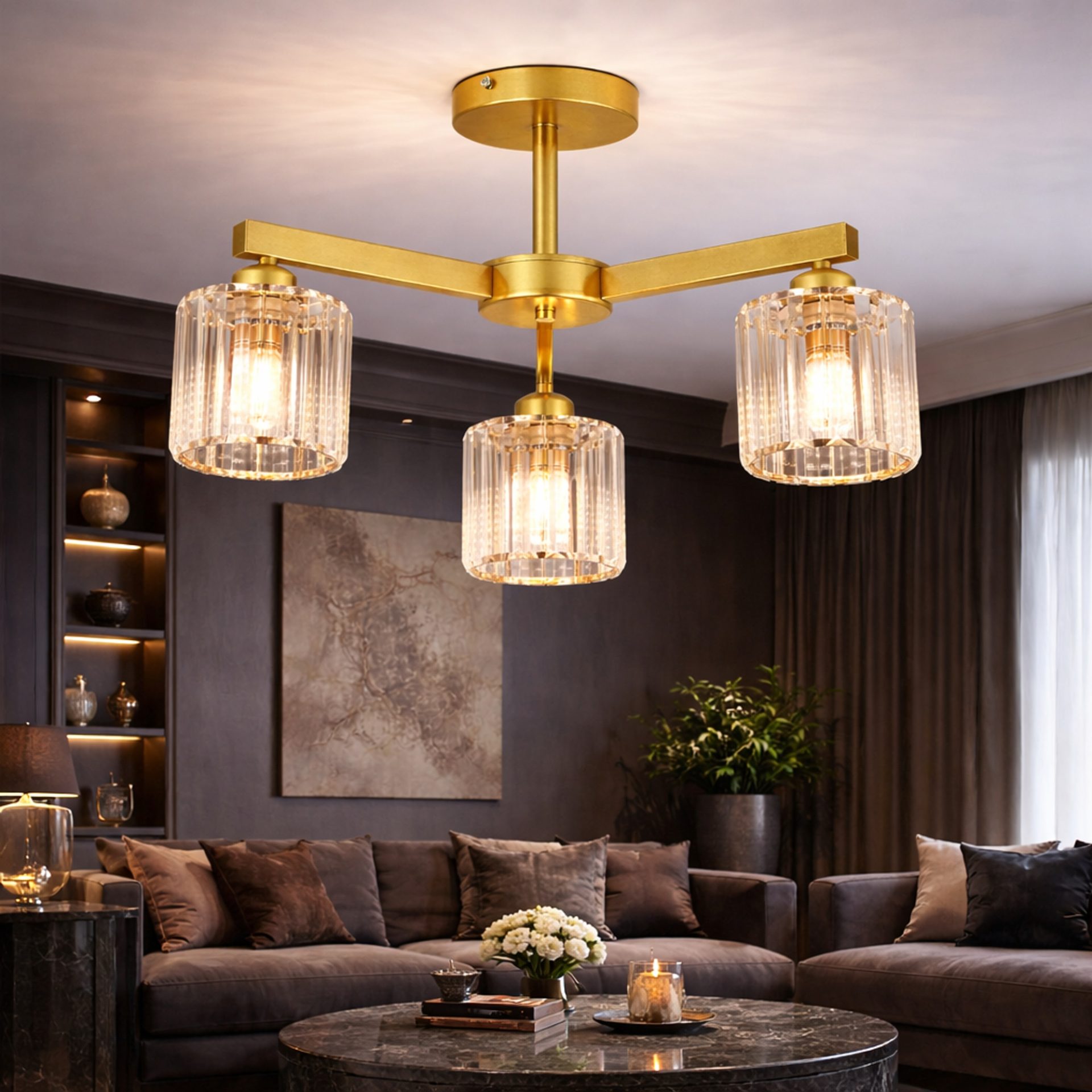 Lustra Clasica Moderna LC110/3GD cu Cristal, 3x E27, Auriu, Metal si Cristal