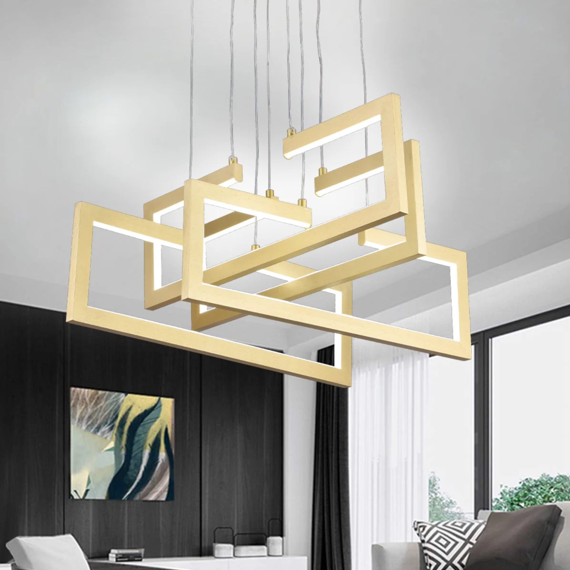 Lustra LED cu telecomanda ,Suspendata 96W, 4 Elemente, lumina Rece/Calda/Neutra, Dimabila, Inaltime Reglabila, Auriu