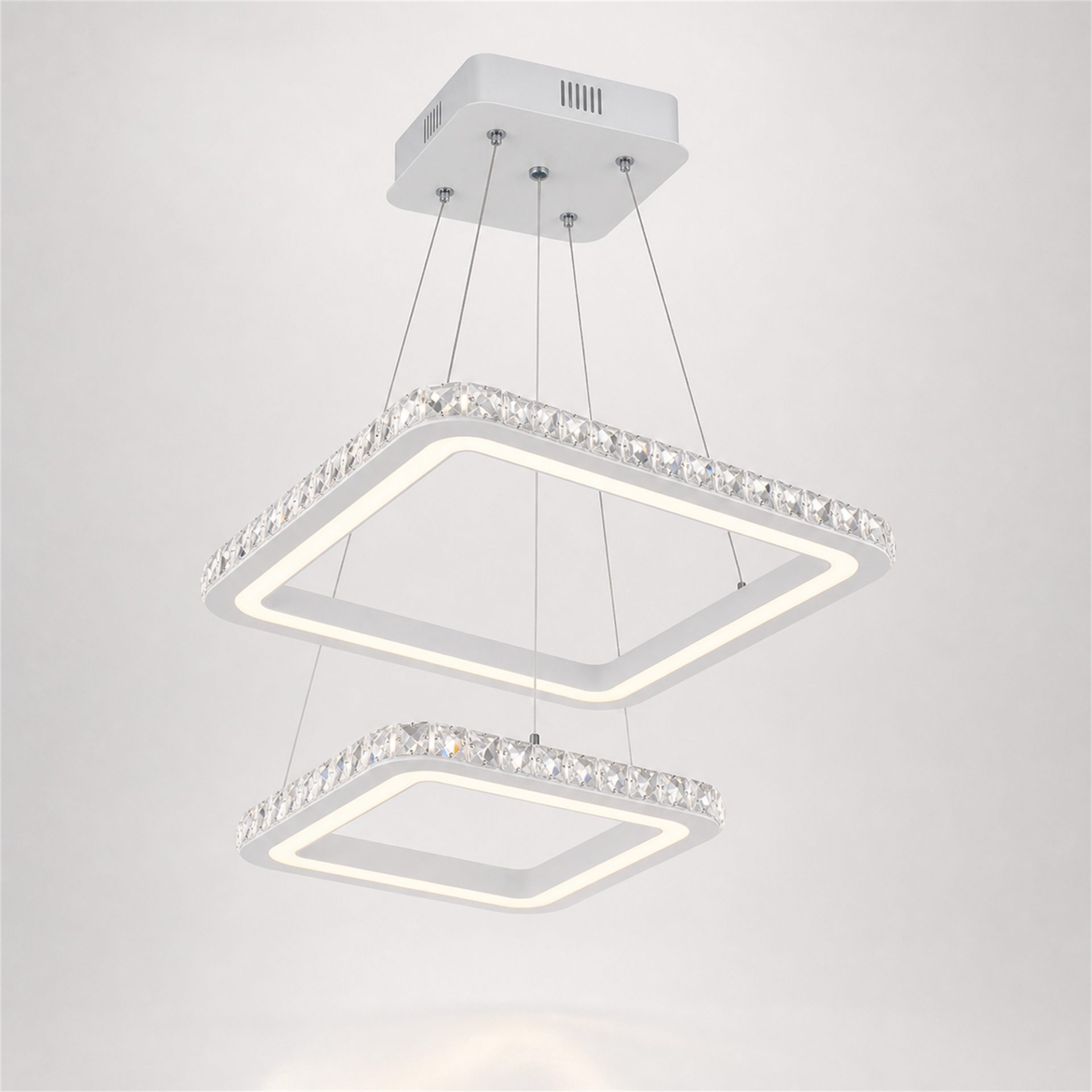 Lustra LED RENATO Petito cu telecomanda si cristal, 13W, 2 Patrate, Lumina Rece/Calda/Neutra, Dimabila, Alb