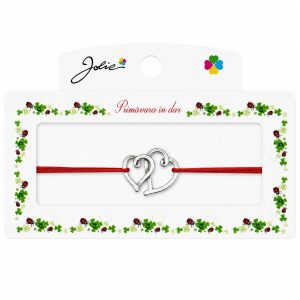 Martisor Bratara cu 2 Noduri Elastica, Jolie, Snur Rosu, Model Doua Inimi