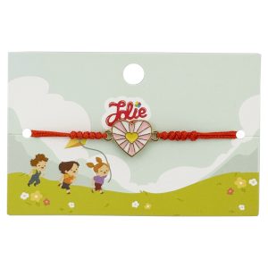 Martisor Bratara pentru Copii, Jolie, Model Inima, din Metal Auriu cu Snur Impletit Rosu, Roz