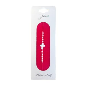 Martisor Bratara cu Sidef, Jolie, Model Cruce, cu Snur Rosu, Margele Alb/Rosu, Ambalaj de Carton