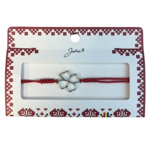 Martisor tip Bratara cu Pandantiv Metalic, Jolie, cu Snur Textil Rosu Impletit, Model Trifoi cu Patru Foi, Dimensiune Reglabila, Ambalata Individual