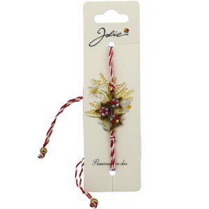 Martisor Bratara Snur Alb-Rosu, Jolie, Pandantiv Metalic, Model Stelute Colorate