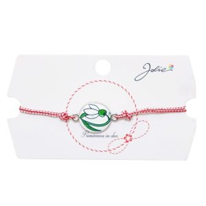 Martisor tip Bratara Traditionala cu Pandantiv, Jolie, Model Ghiocel, Snur Impletit Alb/Rosu, Dimensiune Pandativ Aprox 2 cm, Ambalaj cu Design