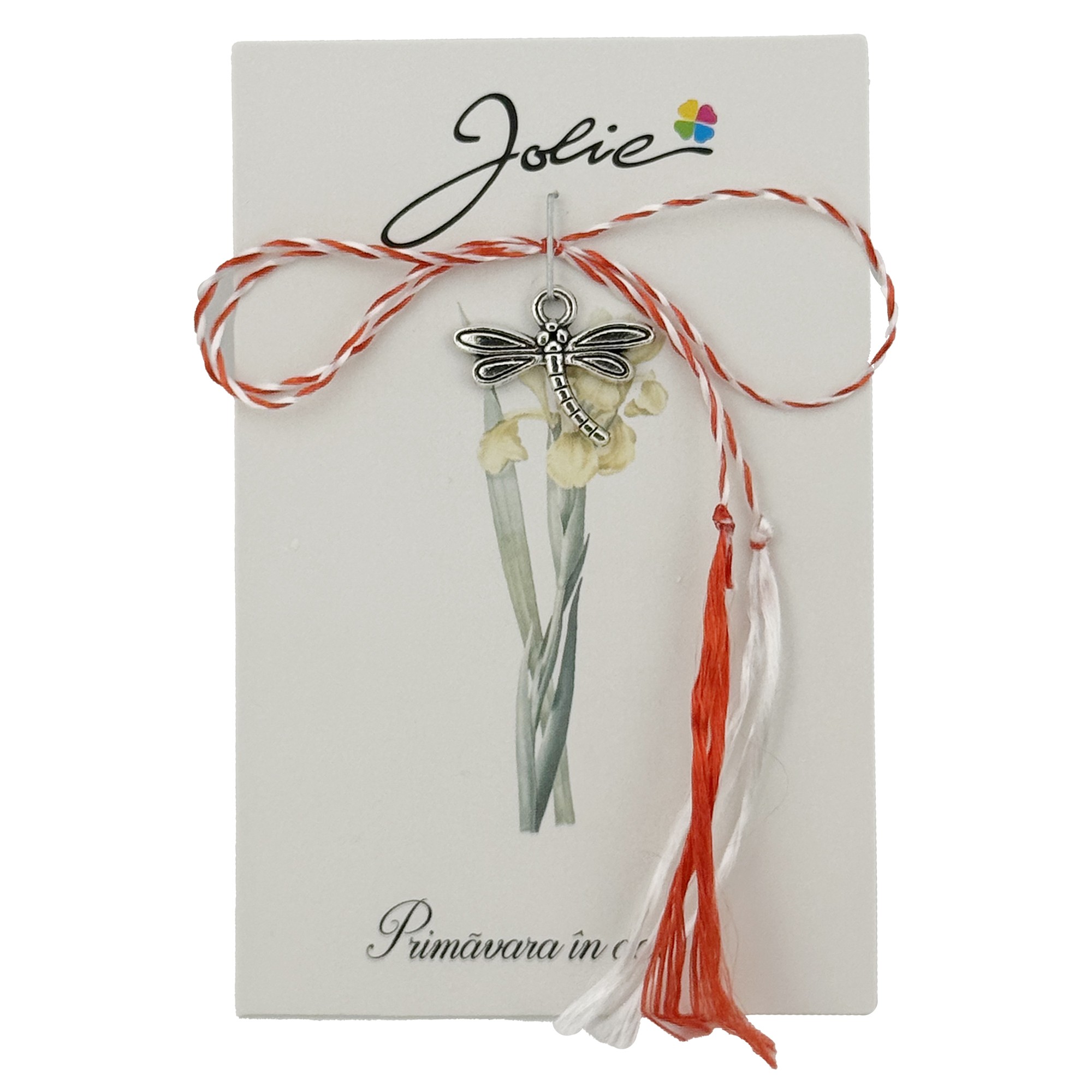 Martisor Traditional, Jolie, Model Libelula, cu Snur Impletit Alb/Rosu, 8.5 x 5.5 cm. Argintiu