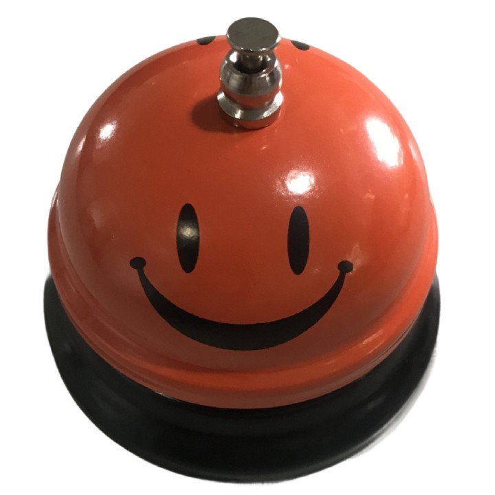 Clopotel Metalic Multifunctional, Flippy, Portocaliu cu Imprimeu Smiley Face, 7.5x7.5x6.5 cm, Receptie, Restaurant, Cafenele