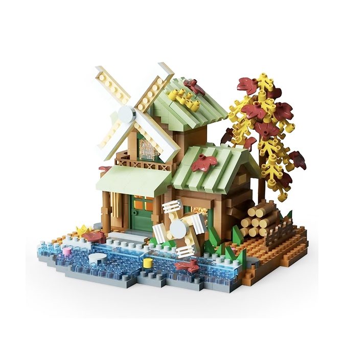 Set constructie, Flippy, Forest Log Cabin, din ABS, Model Casuta cu Moara de Vant, 717 piese, 10.4x11.7x9 cm, Multicolor