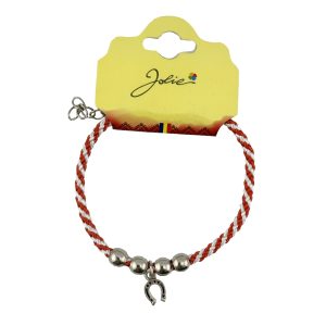 Martisor de Tip Bratara cu 4 Bile si Pandativ Metalic, Jolie, Model Potcoava, Design Clasic, Snur Rasucit Alb/Rosu, Cu Sistem de Inchidere Reglabil