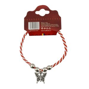 Martisor de Tip Bratara cu 4 Bile si Pandativ Metalic, Jolie, Model Fluture, Design Clasic, Snur Rasucit Alb/Rosu, Cu Sistem de Inchidere Reglabil