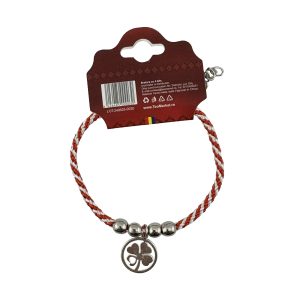 Martisor de Tip Bratara cu 4 Bile si Pandativ Metalic, Jolie, Model Trifoi in Cerc, Design Clasic, Snur Rasucit Alb/Rosu, Cu Sistem de Inchidere Reglabil