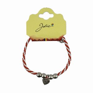 Martisor de Tip Bratara cu 4 Bile si Pandativ Metalic, Jolie, Model Inima Made with Love, Design Clasic, Snur Rasucit Alb/Rosu, Cu Sistem de Inchidere Reglabil