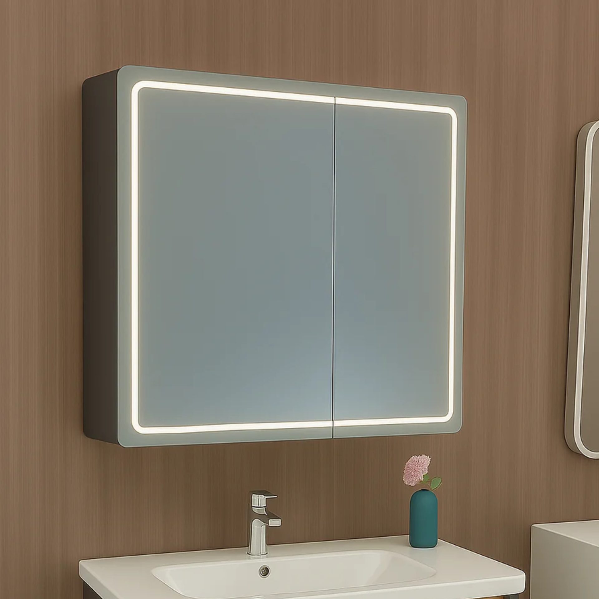 Oglinda LED cu Dulap de Baie si Lavoar Suspendat, 80x60 cm, Design Modern, Iluminare Integrata
