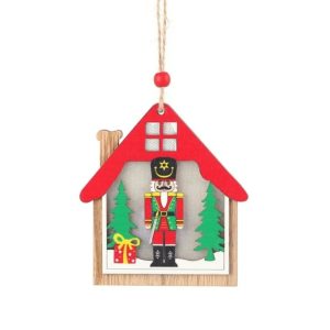 Ornament de Brad, Flippy, cu Lumini LED, din Lemn, Figurina Spargatorul de Nuci, Model Casuta, Multicolor