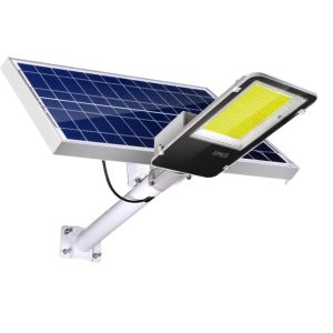 Proiector LED pentru stalp, casa, perete cu suport metalic inclus, Flippy, 38,5 cm x 14,2 cm, Rezistent la Apa IP65, cu Panou Solar, 240 COB LED, 50 W, Senzor de lumina, Timer, cu Telecomanda, intensitate reglabila, kit montaj inclus, Lumina Rece