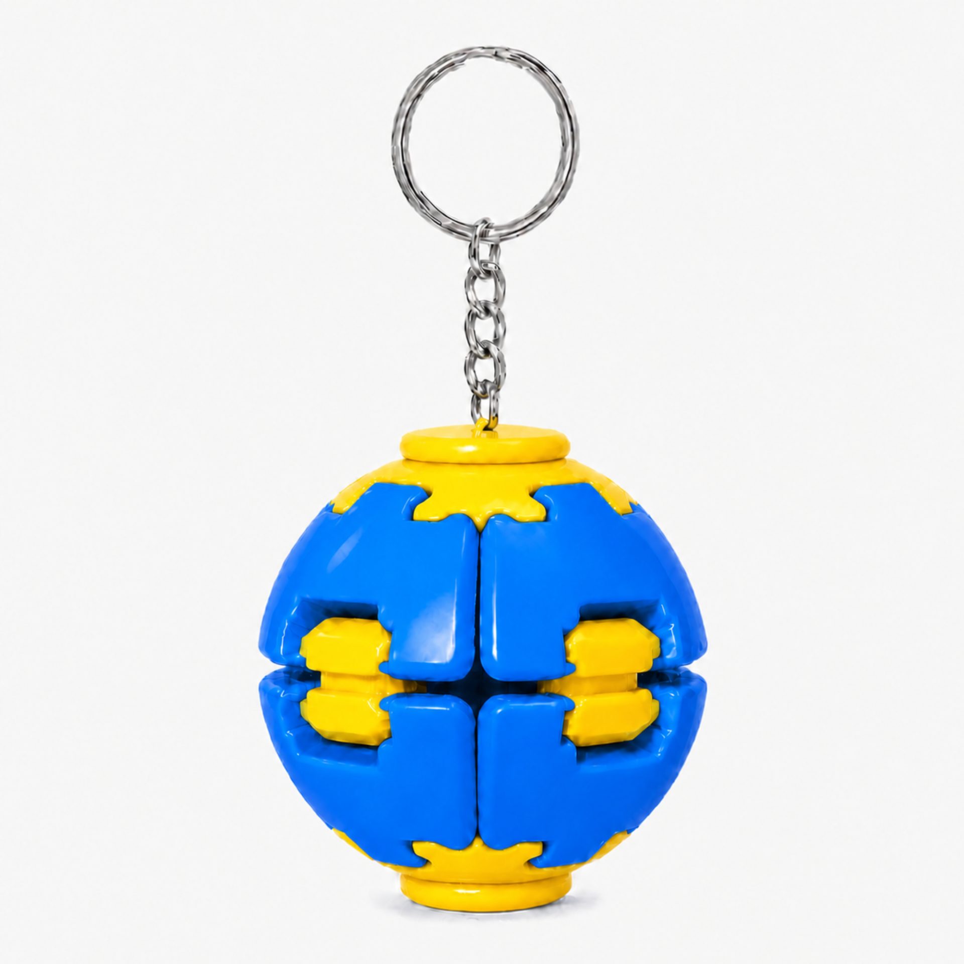 Denumire recomandată: Minge Senzorială Antistres Rotativă 3D, Flippy, Tip Fidget Spinner, cu Breloc și Sistem Push and Spin, 4.5x5 cm, Albastru și Galben
