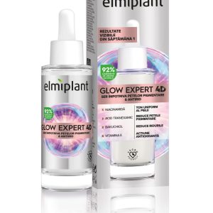 Ser Pentru Fata, Elmiplant, Glow Expert 4D Impotriva Petelor Pigmentare si Antirid, cu Niacinamida si Bakuchiol, 30 ml