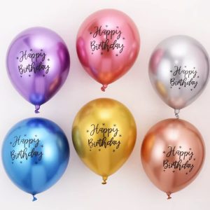 Baloane din Latex Metal Cromat, Flippy, set din 10 Baloane, Cu Decoratiuni Printate HAPPY BIRTHDAY, Pentru Petrecere Auriu Argintiu Albastru Rosu Mov, Set Multicolor