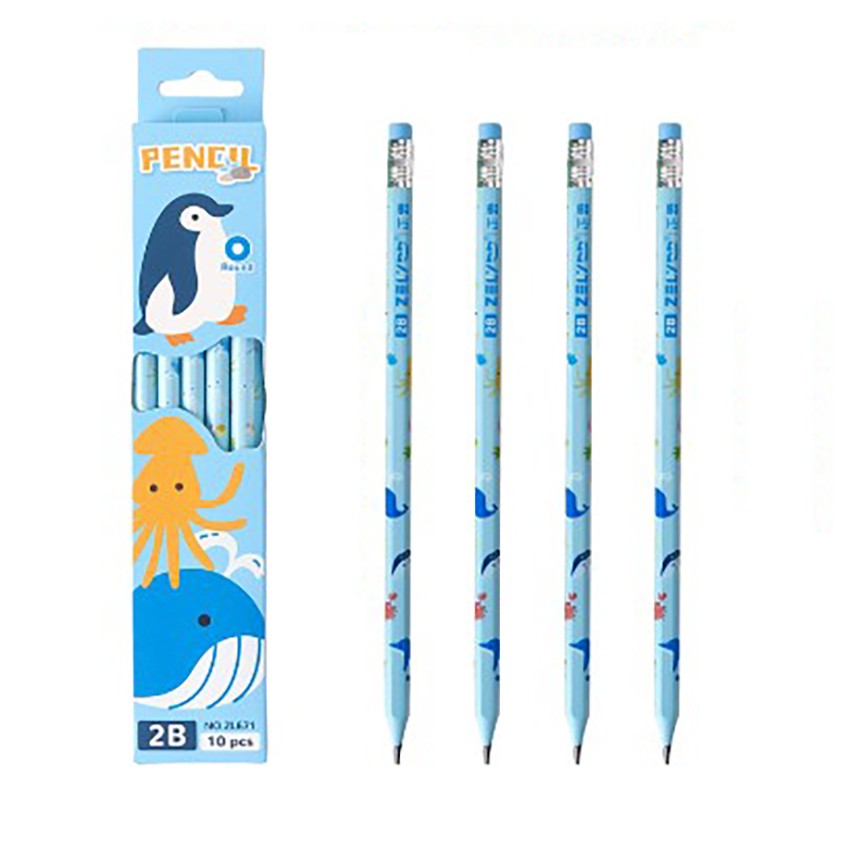 Set 10 Creioane Negre, Flippy, 2B, pentru Elevi Scoala, cu Radiera, Model Albastru cu Pinguini