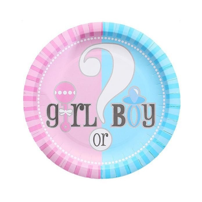 Set 10 Farfurii Gender Reveal, Flippy, Girl or Boy, din Carton, 18 cm, Roz/Albastru