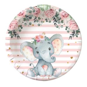 Set 10 Farfurii Unica Folosinta, Flippy, Imprimeu Elefant, din Carton, 22 cm, Roz