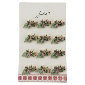 Set 12 Brose Martisor Flori, Jolie, Brose din Metal, Aspect Lacuit, 2 x 1,5 cm per Unitate, Verde deschis