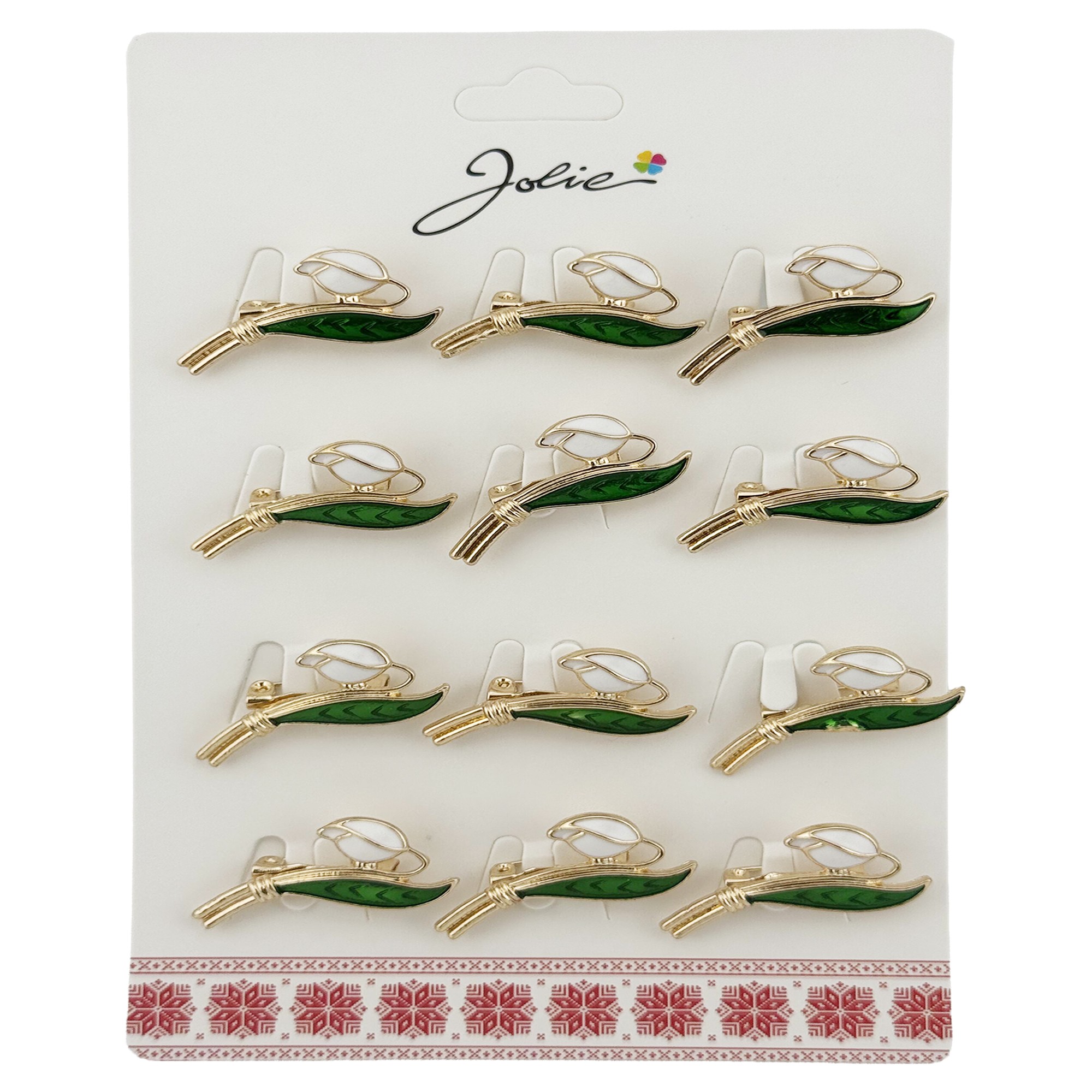 Brose Martisor, Jolie, Set 12 Bucati, Model Primavara Ghiocel, Brose din Metal, Aspect Lacuit, Alb