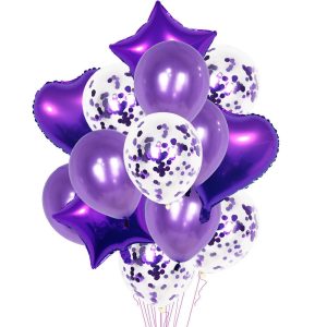 Set 14 Baloane din Folie Metalizată si din Latex, Flippy, Figurine Stea si Inima 45 cm, Baloane Latex 30 cm, Tema Buchet, Ambalaj Individual, Pai Inclus, Umflare cu Aer sau Heliu, Mov