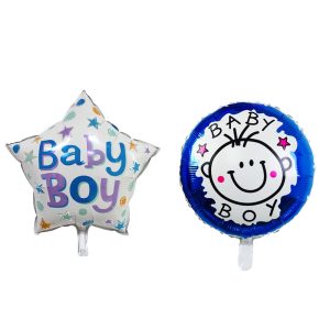 Set 2 Baloane din Folie Metalizata, Flippy, Figurine Stea si Cerc, Tema Botez Baietel, 45 cm, Ambalaj Individual, Pai Inclus, Umflare cu Aer sau Heliu, Albastru