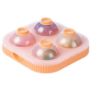 Forma Sfere de Gheata pentru Wiskey si Cocktail-uri Flippy, 4 Sfere, Material Plastic/Silicon Alimentar, Diametru 6.5 cm, cu Orificiu Tip Palnie pentru Umplere, 17 x 17 x 7 cm, Portocaliu
