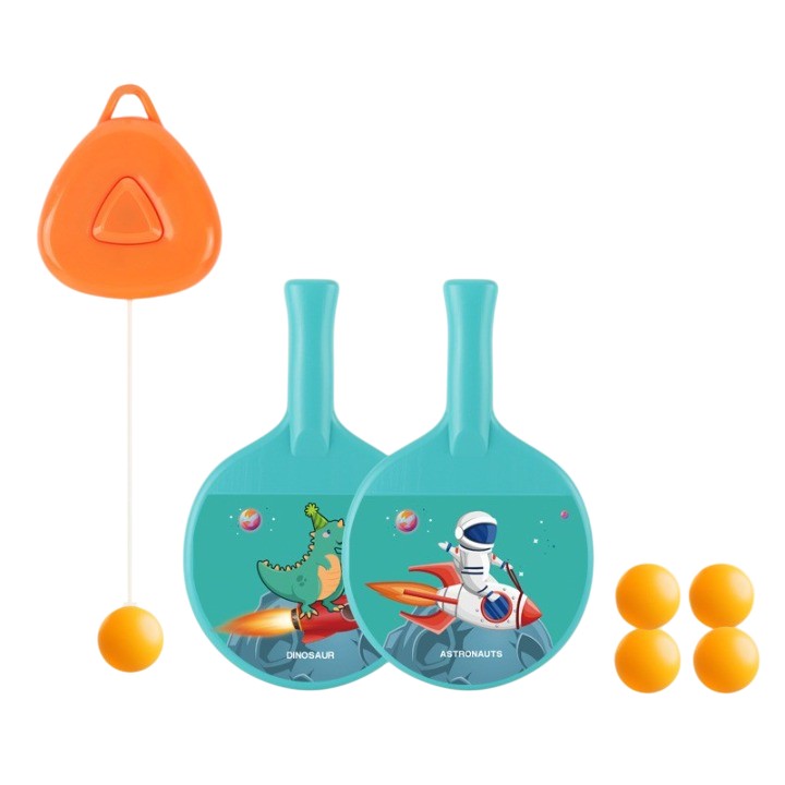 Set 2 Palete de Tenis de Masa, Flippy, pentru Copii, Design Animat, Tematica Astronauti, Accesoriu de Agatat Inclus si 4 Mingi, Albastru