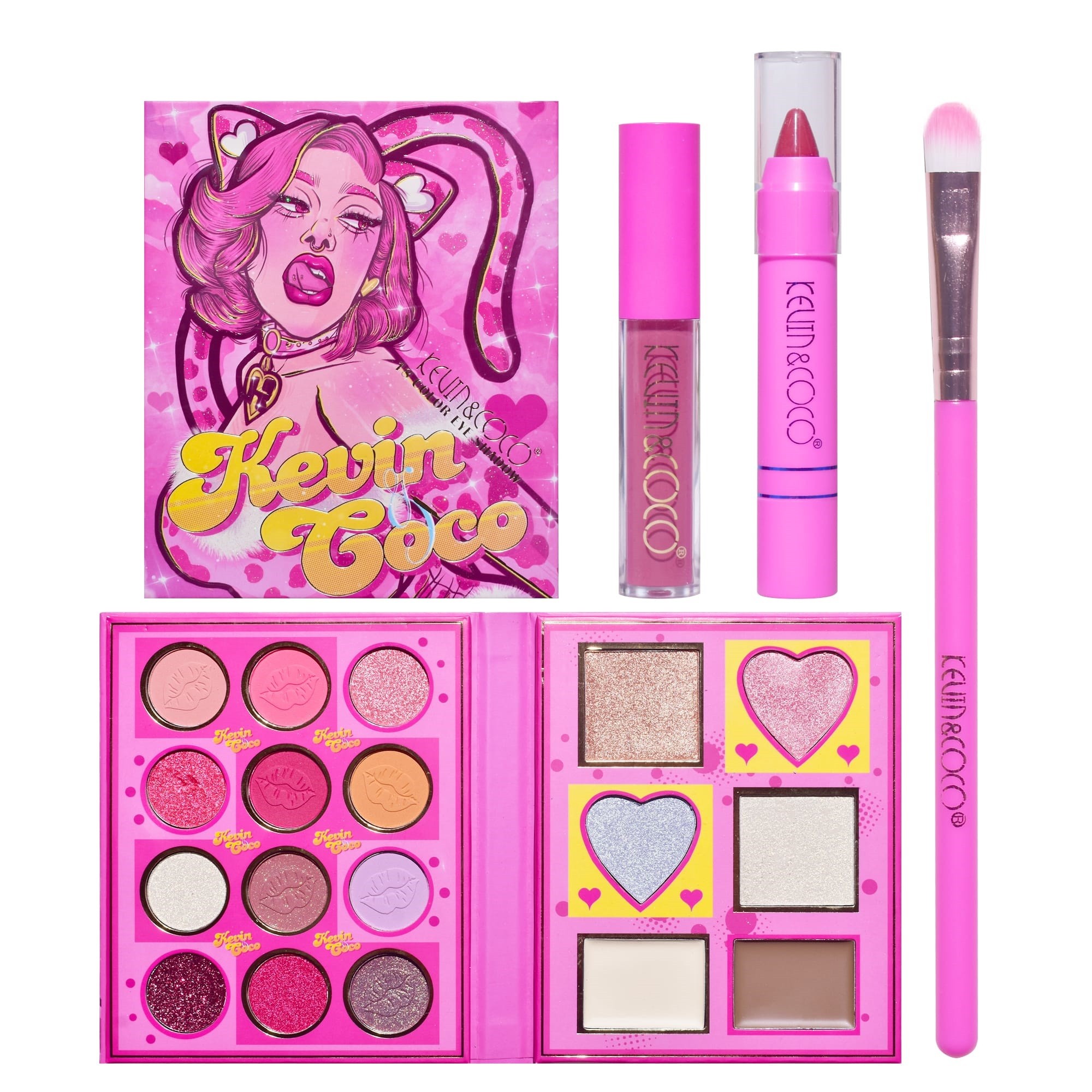Set 4 Produse de Machiaj, KEVIN & COCO, Pink Loving-Heart Leopard Girl, 18 Culori, Farduri de Ochi Mate, Sidefate si Glitter, Iluminatoare si Produse pentru Conturare, Luciu de Buze si Pensula Inclusa, Multicolor, Dimensiuni 20.5 x 18.2 x 2.2 cm