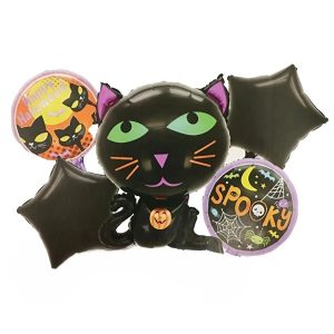 Set 5 Baloane din Folie Metalizata, Flippy, Figurine, Tema Halloween, Pai Inclus, Ambalaj Individual, Umflare cu Aer sau Heliu, Figurina Pisica 65x49 cm, Stelute si Cerculete 45 cm, Negru