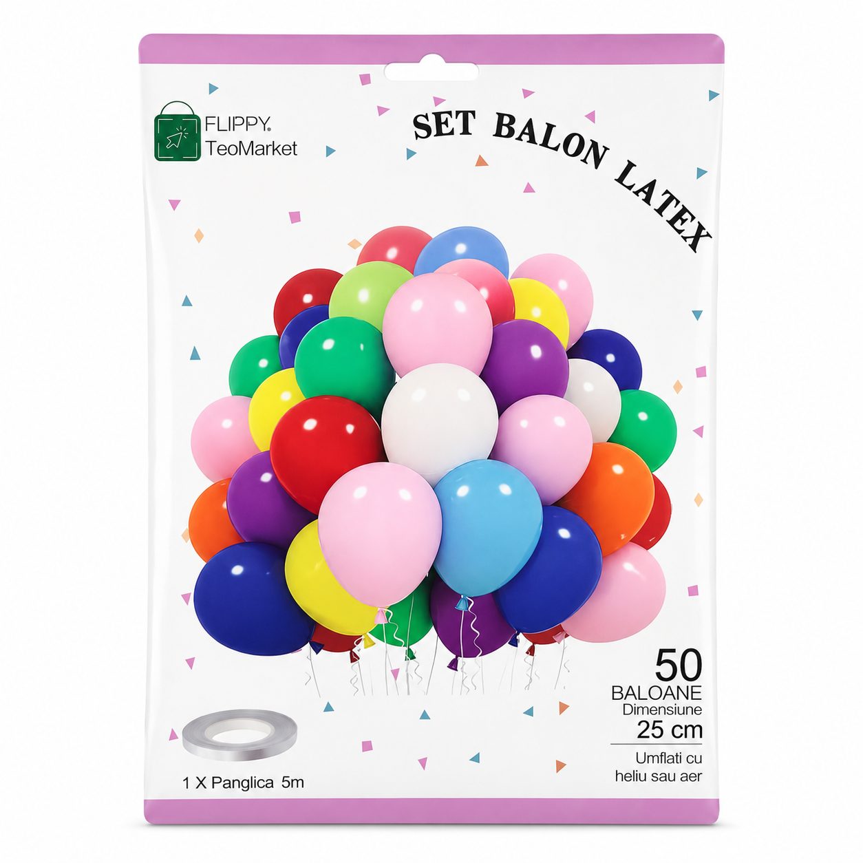 Set 50 Baloane din Latex, Flippy, Model Party, 25 cm, Multicolore, 2.4 g