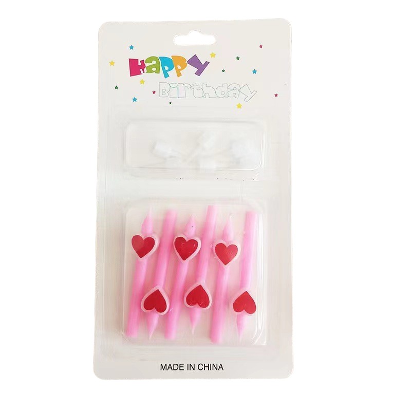 Set 6 Lumanari de Tort, Flippy, Model Creion cu Inimioare, 5.9 x 1.1 cm, din Ceara, Roz