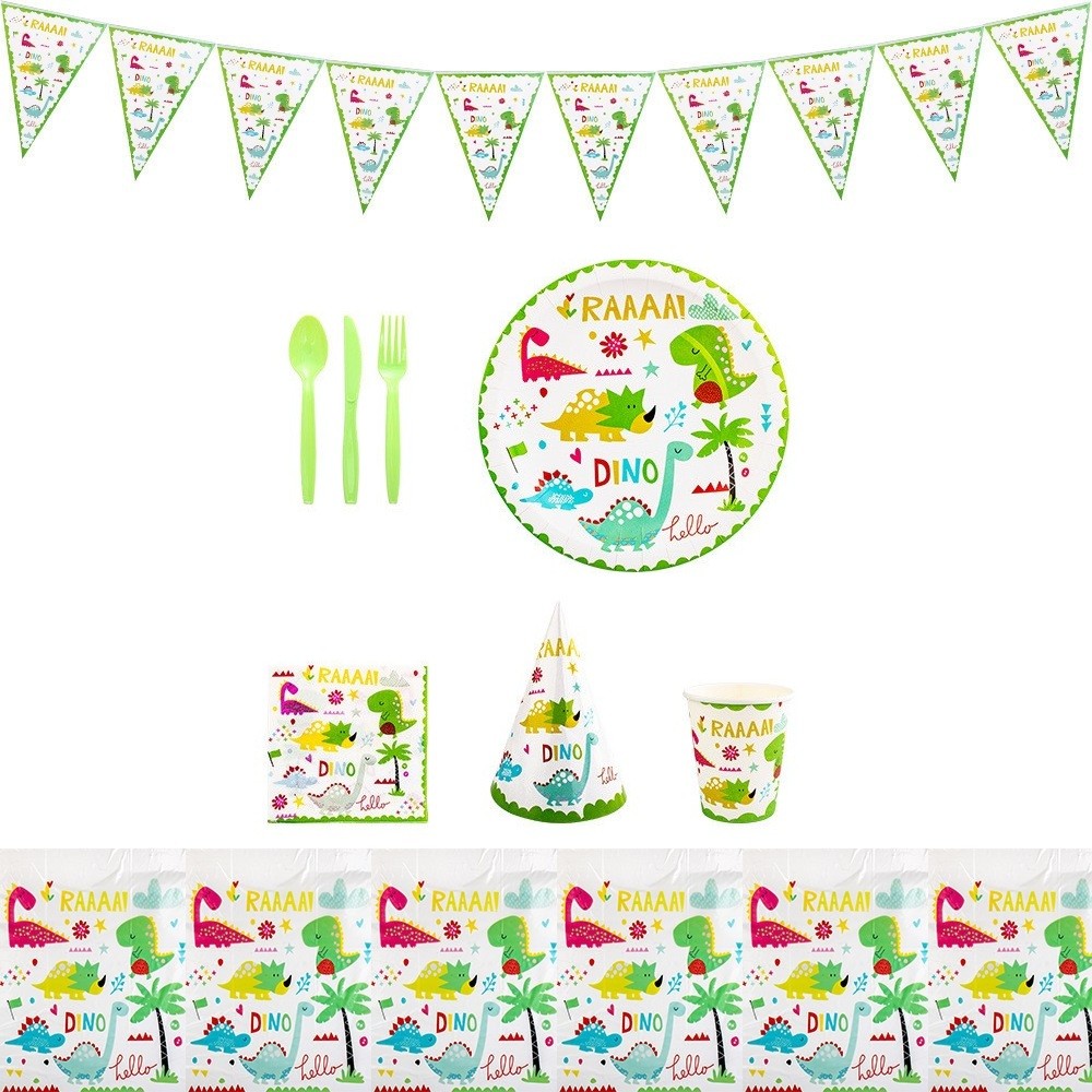 Set 9 Accesorii de Masa, Flippy, Colectia Dino Park, 82 Piese, din Carton/Plastic/Hartie, Multicolor