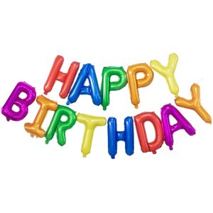 Set Baloane din Folie Metalizata, Flippy, Model Happy Birthday, Litere de 40 cm, Baloane Party, Ambalaj Individual, Pai, Ata si Adeziv Incluse, Umflare cu Aer sau Heliu, Multicolor