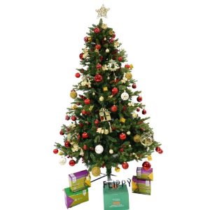Set brad artificial de Craciun si elemente decorative, decorat cu conuri pin rosii, inaltime 210 cm, diametru 137 cm, 1172 ramuri, Flippy, verde, suport metalic inclus