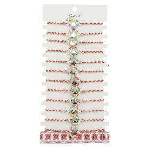 Bratara Martisor pentru Dama, Jolie, Model Coroana, Set 12 bucati, Pandativ Argintiu din Inox cu Elemente Multicolore, Snur Alb/Rosu