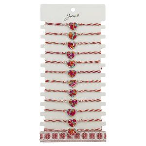 Bratara Martisor pentru Dama, Jolie, Model Inima Colorata, Set 12 bucati, Pandativ Argintiu din Inox cu Elemente Multicolore, Snur Alb/Rosu