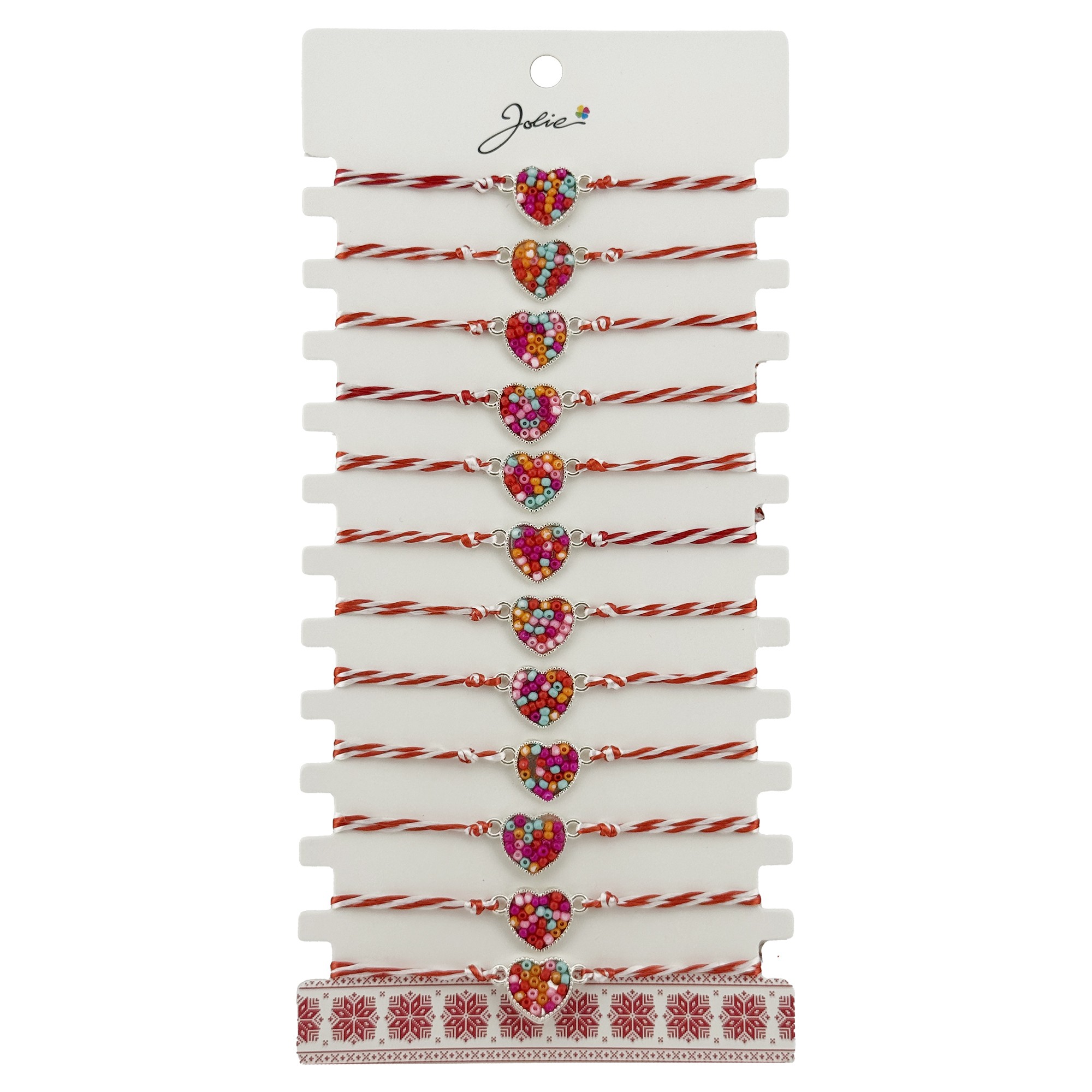 Bratara Martisor pentru Dama, Jolie, Model Inima Colorata, Set 12 bucati, Pandativ Argintiu din Inox cu Elemente Multicolore, Snur Alb/Rosu