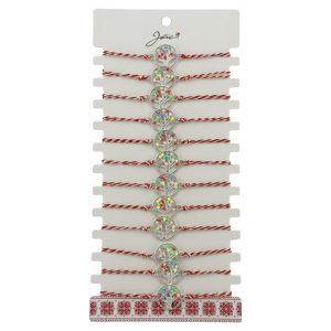Bratara Martisor pentru Dama, Jolie, Model Copacel Colorat, Set 12 bucati, Pandativ Argintiu din Inox cu Elemente Multicolore, Snur Alb/Rosu