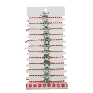 Bratara Martisor pentru Dama, Jolie, Model Potcoava, Set 12 bucati, Pandativ Argintiu din Inox cu Snur Alb-Rosu Ajustabil